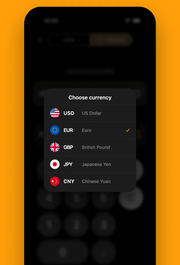 Currency converter choosing between US Dollar, Euro, British Pound, Japanese Yen and Chinese Yuan
