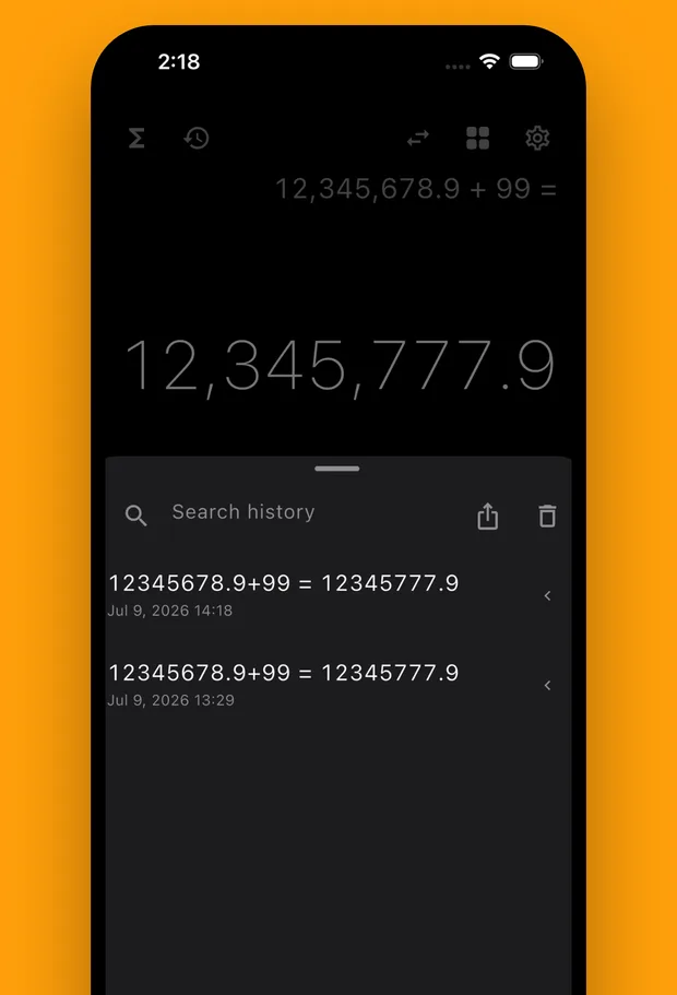 Calculation history with search and tags